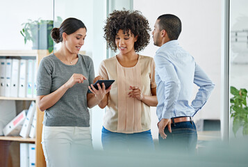 Poster - Team, people and planning in office with tablet for business strategy or collaboration with technology. Workplace, career and corporate digital marketing group with ideas for innovation in Germany.