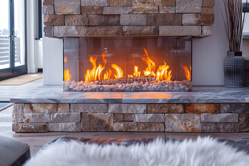 Electric fireplace in a modern interior. Generated by artificial intelligence