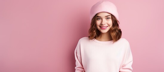A cheerful teenage girl wearing a pink hat and sweater stands alone against a pink background This copy space image represents a combination of lifestyle and fashion