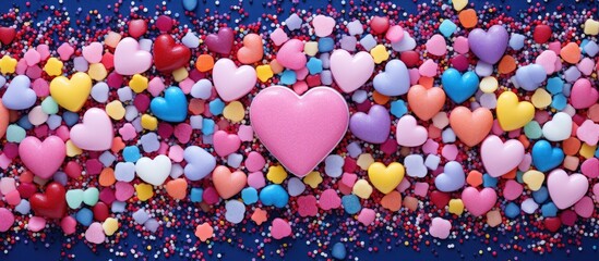 Sticker - A colorful assortment of sweet sprinkles in various shapes such as hearts stars moon flowers round balls and sticks set against a vibrant backdrop Ideal for use as a copy space image 176 characters