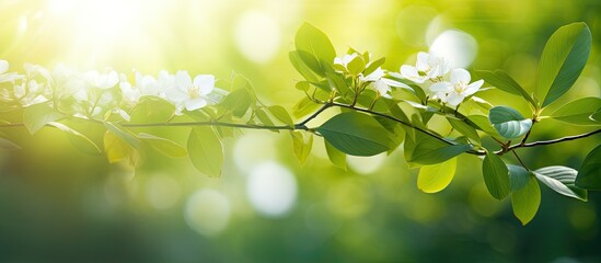 Canvas Print - A beautiful green natural background with blurred leaves white flowers bokeh and sunlight creating a safe world and expressing an ecology concept Copy space image