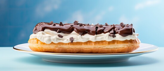 Sticker - A traditional dessert the chocolate eclair is showcased on a plate with a creamy topping against a pastel blue backdrop The image offers a copy space for banners