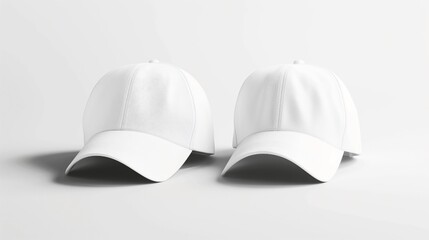 Wall Mural - Pair of plain white baseball caps side by side against a white background, showcasing front and side views of the caps.