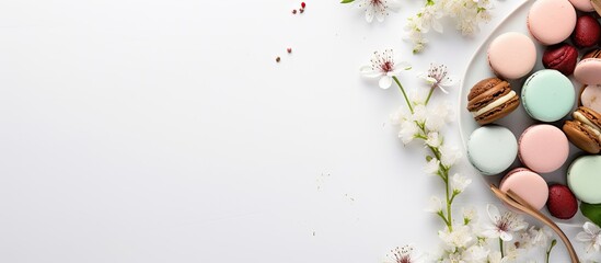 Fototapete - A top down view of a white table adorned with a variety of colorful French macarons in green turquoise and brown accompanied by a notebook pencil and branches of gypsophila flowers Perfect for a mock