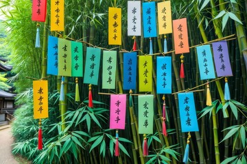 Wall Mural - Decoration of bamboo branches with wishes on colorful paper notes. The symbol of the Japanese Tanabata holiday