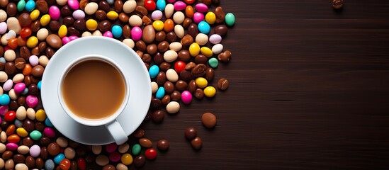 Sticker - A top down view of a coffee cup filled with chocolates and colorful candies placed on a table background that provides ample copy space for adding text or images