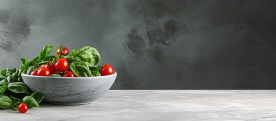 Wall Mural - A vibrant arrangement of fresh spinach leaves and bright cherry tomatoes adorns a white colander on a stone table creating a beautiful copy space image