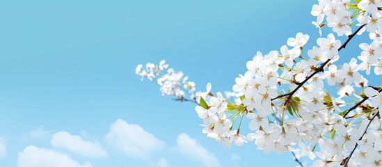 Fototapete - Spring beauty background with blooming white flowers of trees against a backdrop of the blue sky creating a vibrant scene with copy space image