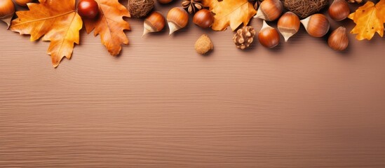 Aufkleber - Fall themed flat lay composition with a border of dried oak leaves and acorns on an autumn background Ideal for Thanksgiving day or seasonal concepts with ample copy space for additional design eleme