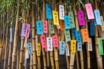 Wall Mural - Hanging on bamboo branches are small pieces of thin colored paper (tandzaku) with wishes written on them. The symbol of the Tanabata holiday