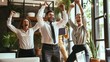 © Natalia - Group of business people celebrating success in a modern office environment, raising their arms in excitement and joy.