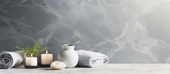 Poster - A serene spa setting with a treatment concept showcased on a sleek gray marble background A copy space image ideal for promoting relaxation and pampering indulgence