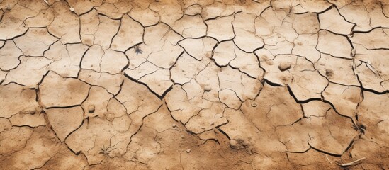 Sticker - The hot summer brings patterns and texture to the cracked soil of the dry season The background displays a close up of the cracked and muddy earth depicting the drought in the ground A copy space ima