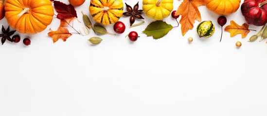 Aufkleber - A top down view of a white background adorned with pumpkins leaves and other autumnal elements perfect for Thanksgiving and Halloween Ample space is available for additional content in the image