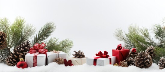 Poster - A festive Christmas arrangement with presents fir branches cones ribbons and toys placed on a snowy white backdrop Emphasizing the holiday season and the concept of Christmas winter and the new year