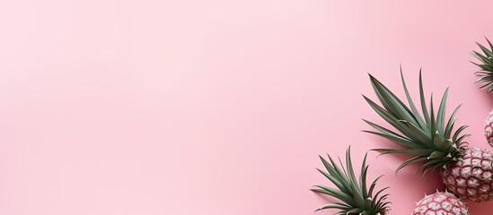 Wall Mural - A minimal tropical palm leaf concept template with a millennial pink paper background and pineapples providing copy space for your text or design