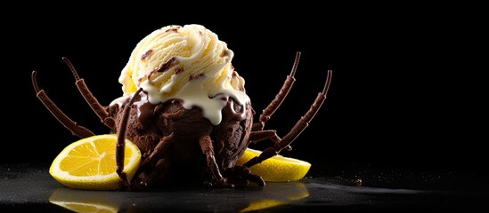 Sticker - A chocolate spider is placed on top of lemon ice cream making for a refreshing cold dessert against a black backdrop with space for text or other elements. Creative banner. Copyspace image