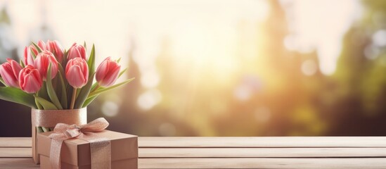 Aufkleber - A wooden table serves as a backdrop for a picturesque scene featuring a bouquet of tulips and gift boxes creating a visually appealing copy space image