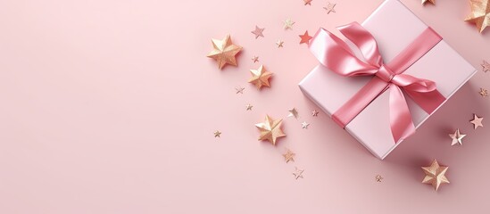 Aufkleber - A creative Christmas or New Year concept with a top view of a gift box on a pastel pink background This copy space image is festive and unique