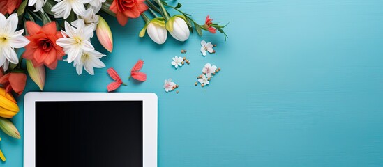 Fototapete - A tablet PC sits on an office table with a vibrant assortment of supplies including a notepad cup pen and a flower against a blue backdrop The top down perspective offers ample copy space for adverti