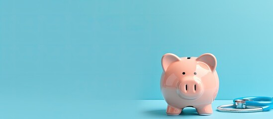 Aufkleber - A piggy bank is shown with a stethoscope on a light blue background providing space for other images This image represents the idea of financial health care checkups or saving for medical insurance c