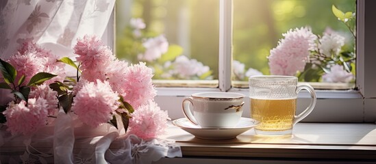 A charming spring scene captured in an apartment featuring a cup of steaming tea a colorful bouquet of flowers and a fluffy pink marshmallow all arranged on a vintage windowsill Perfect for a cozy sp