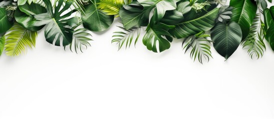 An exotic composition featuring a creative arrangement of vibrant tropical leaves on a white backdrop The minimal summer concept offers ample copy space for additional elements