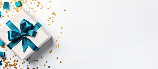 Aufkleber - A top view of a gift box with a blue ribbon on a white background offering a discounted gift for sale The image is a flat lay with plenty of copy space conveying a holiday concept