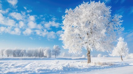 Poster - Sunny winter landscape with white trees ground covered in snow and clear blue skies in the countryside