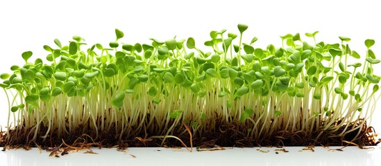 Aufkleber - Copy space image of close up fresh young lentil microgreen sprouts with roots near seeds on a white background representing the concepts of diet vegetarianism veganism healthy products and proper nut