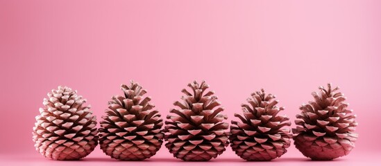 Poster - A festive Christmas decoration of cones is displayed on a pink background in this copy space image The picture captures the ambiance of the New Year holidays and offers a mockup with free space for t