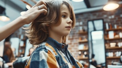 A young child with long hair getting a haircut in a modern barbershop. Focus is on the child's face and the barber's hand adjusting the hair.