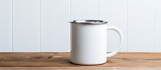 Aufkleber - Close up top view of a white metal mug filled with fresh milk placed on a white wooden background conveying the concept of dairy products with ample copy space for customization