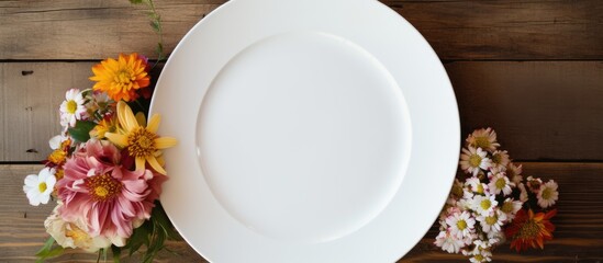 Leinwandbilder - A spring themed flat lay featuring a vintage white plate with no food on it placed on top of a beautiful arrangement of flowers Copy space image