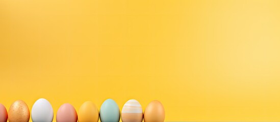 Poster - A joyful Easter themed background with colorful painted eggs on a modern yellow pastel backdrop This festive image includes space for text and captures the concept of happy Easter holidays and egg hu