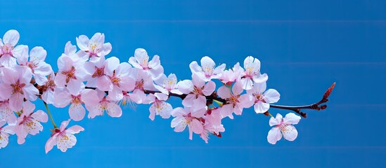 Fototapete - A top down view of a sakura branch with cherry blossoms against a vibrant blue backdrop ideal for greeting cards or food menus Copy space image