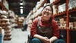 © OMD - Joyful person in a wheelchair working in a warehouse, surrounded by shelves filled with boxes and supplies.