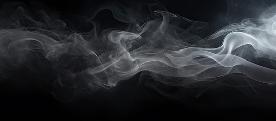 Poster - Aesthetic black background with a mesmerizing white mist overlay resembling swirling waves of natural motion featuring elements like pollution cigarettes gas and dry ice allowing ample copy space for