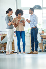 Poster - Planning, team and people in office with tablet for collaboration or business networking in startup. Workplace, employees and digital project with group for ideas with technology in company.