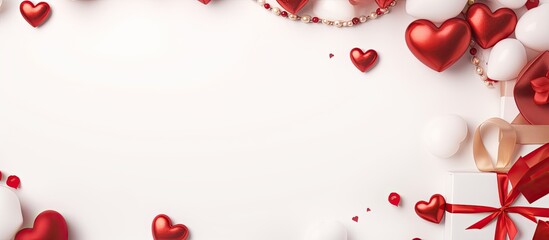 Wall Mural - The Valentine s Day greeting card is adorned with festive red accessories providing a frame for text The image offers copy space and is showcased in a flat lay top down view