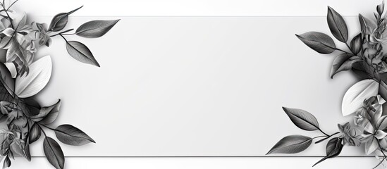 Leinwandbilder - Top view of a black and white floral rectangular frame with leaves on a white background perfect for text and lettering The image offers ample copy space