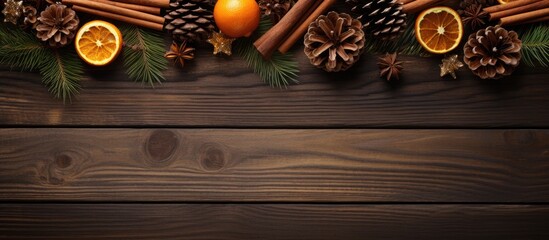 Poster - A festive Christmas scene with dried oranges cinnamon sticks and fir tree branches on a brown wooden table Golden pine cones add a touch of elegance Ample copy space is available for personalizing th