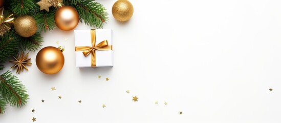 Poster - A top view Christmas background featuring a decorated fir tree gift box and various decorations on a white backdrop with ample room for additional text or images
