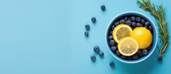 Poster - A healthy detoxifying beverage made from blueberries lemon and rosemary promoting the idea of nutritious and rejuvenating eating habits Top view of a flat background with copy space