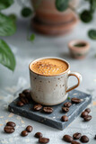 coffee cup with beans, aromatic beverage