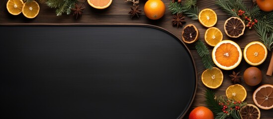 Poster - Top view of a black table with a plate on a cutting board Christmas decorations and orange slices add a festive touch Ample space for other elements in the image
