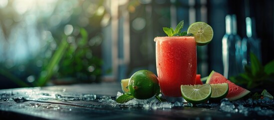 Wall Mural - Watermelon smoothie and lime slices displayed on a dark backdrop