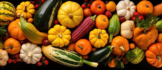 Poster - A vibrant assortment of autumn decorative vegetables including pumpkins and apples is seen from a top down perspective in this copy space image