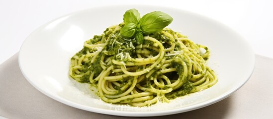 Wall Mural - A view from the top of a white background shows a copy space image of Italian spaghetti garnished with homemade basil pesto and parmigiano creating a healthy and delicious meal