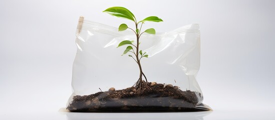 Poster - A young cashew tree is seen in a plastic bag filled with soil surrounded by a white background This copy space image showcases the plant s early stages of growth